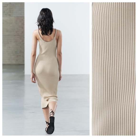 NWT. Zara Light Khaki Chain Trim Ribbed Knit Midi Dress. Size M. - Picture 4 of 10
